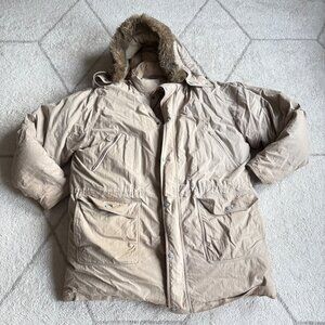 Vintage 80s L.L. Bean 100% Goose Down Puffer Parka Fur Hooded Beige Winter Coat
